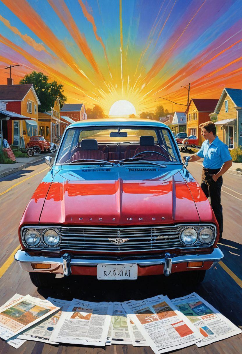 A skilled artist painting a vibrant canvas filled with a diverse array of car insurance documents scattered around a vintage car, under a bright sun with an open road stretching in the background, symbolizing journey and security. Super-realistic. Bright colors. Dynamic composition.