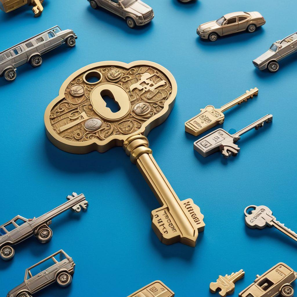 A large, ornate key with dollar signs engraved on it, set against a backdrop of various vehicles like cars, motorcycles, and trucks, symbolizing cost-effective insurance strategies. The key's teeth transition into a graph illustrating savings and coverage, while the background is filled with soft clouds in a blue sky, evoking a sense of security and freedom. modern illustration. vibrant colors. flat design.